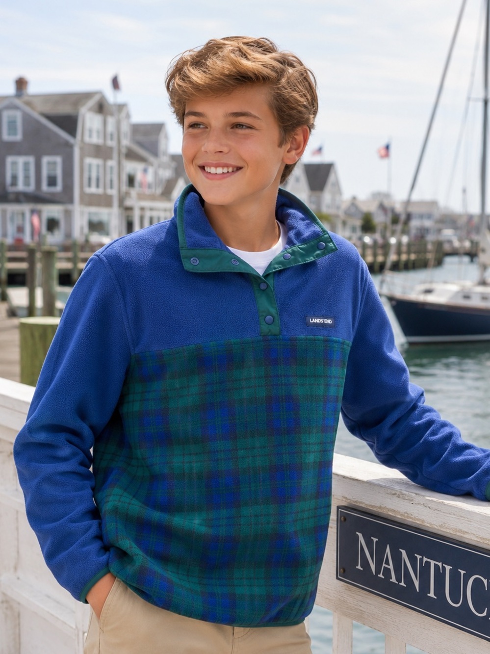 Lands' End Green & Blue Plaid Snap‑Placket Fleece Pullover- 00A